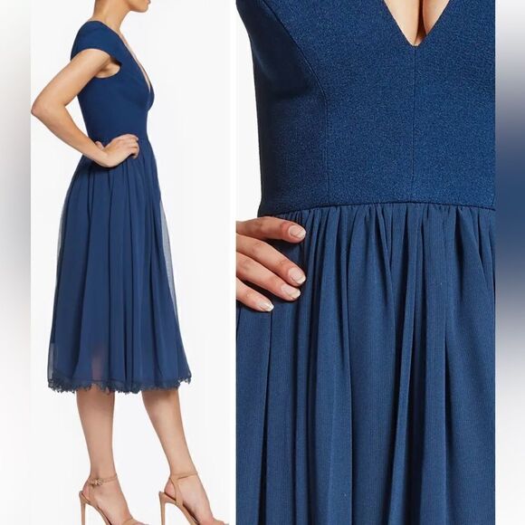 Dress The Population Corey Chiffon Fit & Flare Cocktail Dress Size L Navy Blue - Picture 2 of 13